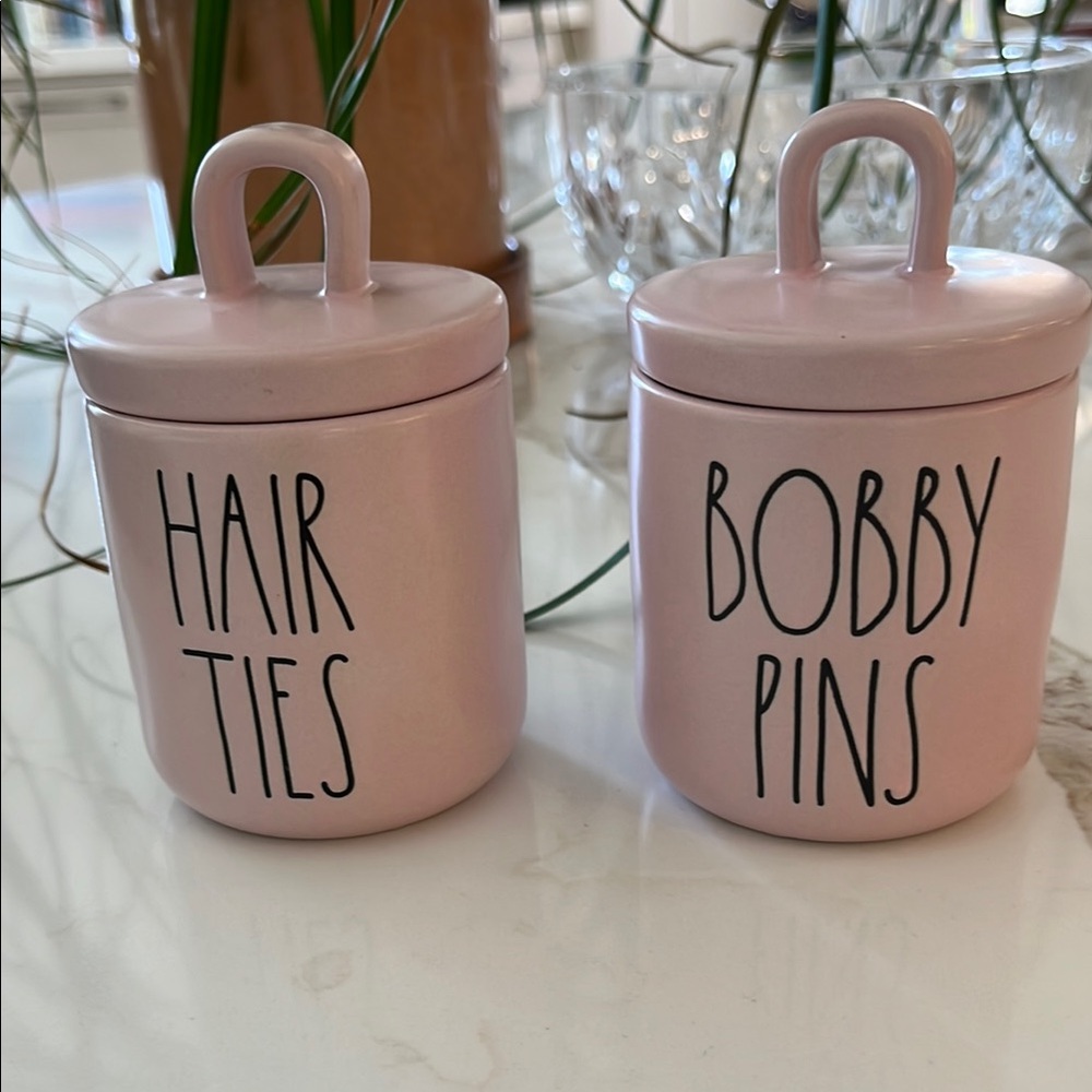 💕🎉HOST PICK🎉💕 pair of Rae Dunn pink ceramic 3” tall jars Bobby Pins & Hair Ties
